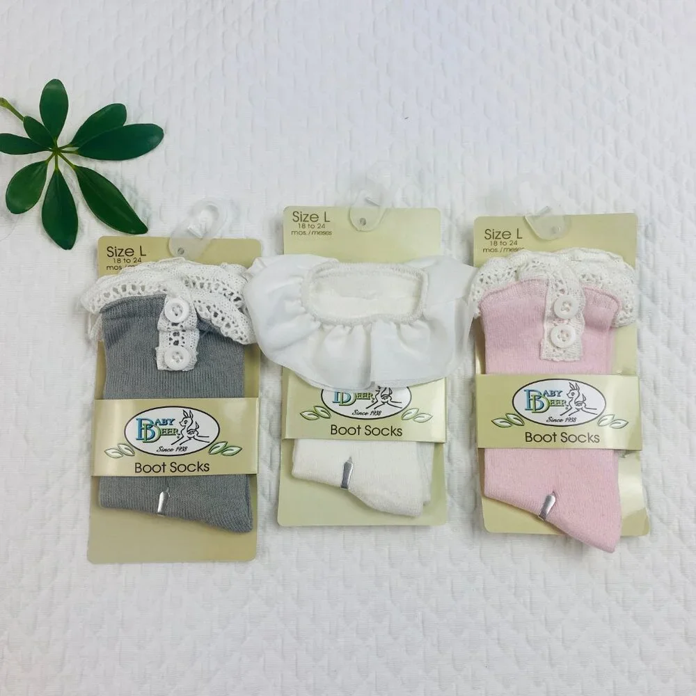 NWT Baby Deer Ivory Pink Gray Boot Socks Lace Buttons Bundle of 3 Large